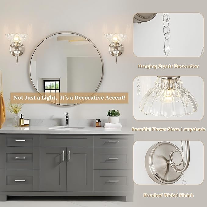 1 Piece Brushed Nickel Finish Wall Sconce, 1-Light Modern Wall Sconce with Hanging Crystal Accents and Flower-Shaped Clear Shades for Bathroom Bedroom Living Room,Modern Vanity Light