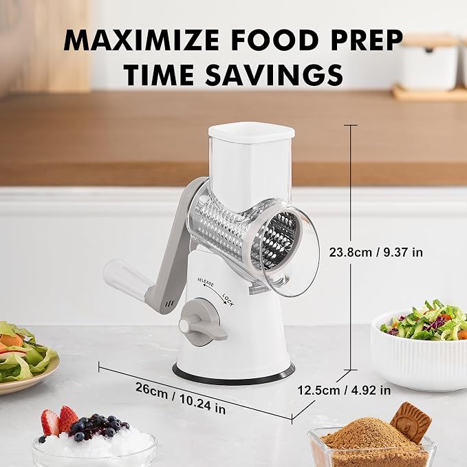 GDL Cheese Grater Hand Crank - Upgraded 6-in-1 Cheese Grater with Handle and Strong Suction Base, Multi-purpose Cheese Shredder Vegetable Slicer Ice Shaver for Potato, Vegetables, Nuts, Chocolate