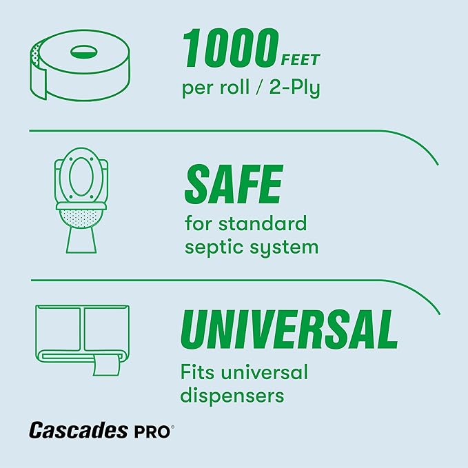 Cascades PRO Select Jumbo Roll Premium Bath Tissue 2-Ply - Suitable for universal dispensers -Toilet Paper is Septic Tank Safe, Certified, Recycled - 1000' length/Roll, 12 Rolls/Box - B140 - White