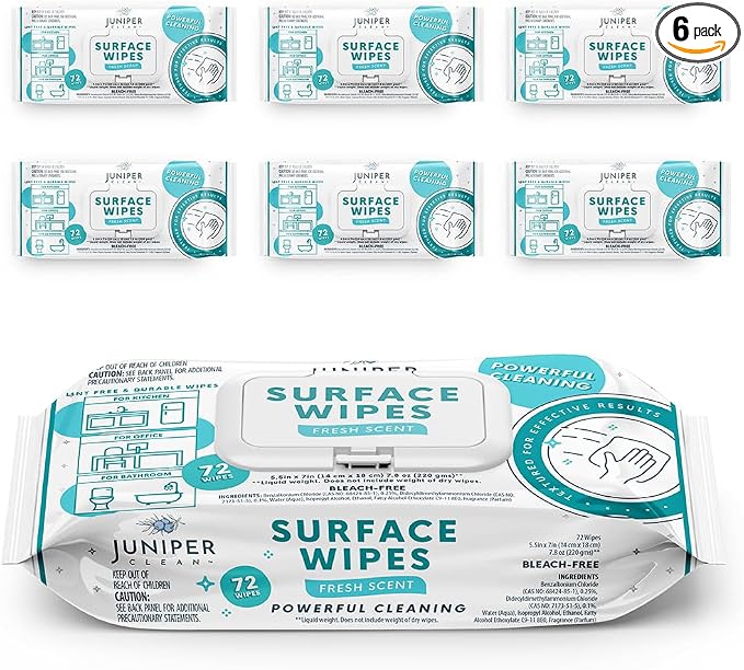 Juniper CLEAN 6 Pack Surface Cleaning Wipes Bleach Free, All-Purpose Cleaner for Bathroom, Kitchen, Office, 72 Count Soft Flow, Fresh Scent, Lint Free & Durable