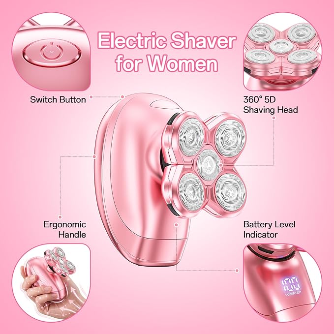 5-in-1 Electric Razors for Women, Portable Electric Shavers for Full Body, Waterproof Wet/Dry, Rechargeable Hair Remover for Lady Legs, Face, Underarms, Lips, Arms