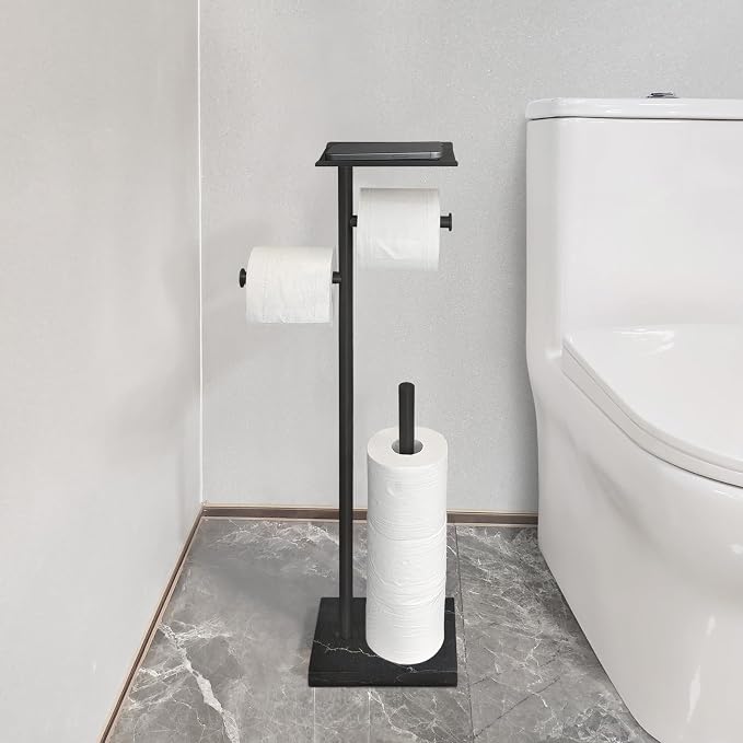 GZILA Toilet Paper Holder Stand with Shelf, Marble Base Free Standing Toilet Paper Double Roll Holder Dispenser, SUS 304 Stainless Steel Storages 5 Reserve Rolls Matte Black
