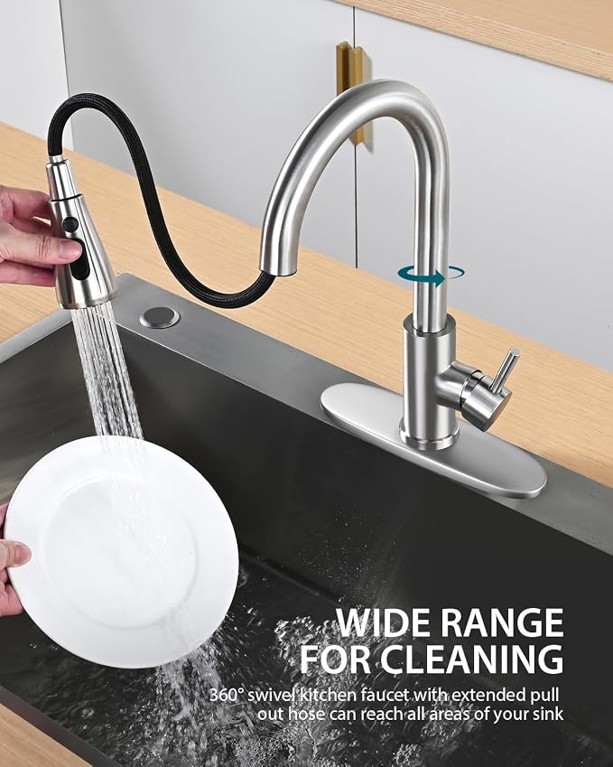 Hiqufet Kitchen Faucet, Pull Down Sprayer, Brushed Nickel, Deck Plate | Easy Install, 360 Swivel, 3 Spray Modes, High Arc Spout, SUS304 Stainless Steel, Fits RV/Laundry/Bar Sinks