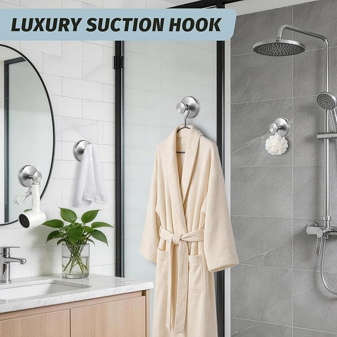 Large 15lb Suction Cup Hooks for Shower, No-Drill Bathroom Towel Hooks for Robes, Loofah, Removable Mountable on Glass, Tile, Mirrors, Smooth Non-Porous Surfaces (2, Brushed Nickel)