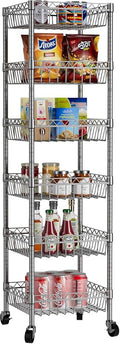Golpart 6 Shelves Storage Shelf Wire Closet Bathroom Organizers Metal Pantry Kitchen Garage Shelving Unit Laundry Room Organization Home Rack Net Basket Silver with Wheels 14" Dx14 Wx64.8 H