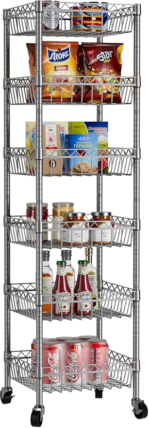 Golpart 6 Shelves Storage Shelf Wire Closet Bathroom Organizers Metal Pantry Kitchen Garage Shelving Unit Laundry Room Organization Home Rack Net Basket Silver with Wheels 14" Dx14 Wx64.8 H