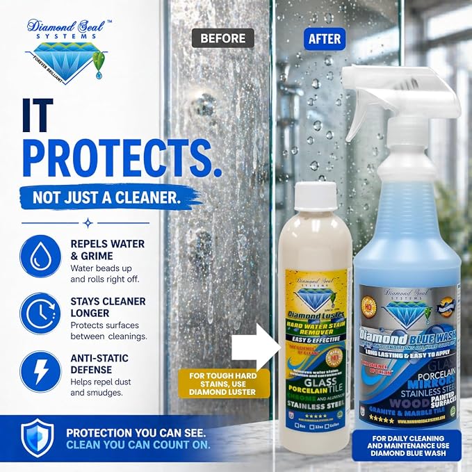 Made in the USA. Diamond Blue Repellent Wash Multi Surface. Cleans,Shine Best Cleaner for Glass, Granite, Countertops Wood & Stainless Steel. Direct from the Manufacturer 32oz Easy to use spray bottle