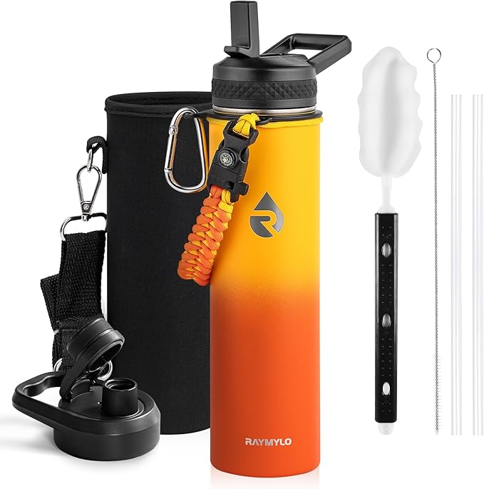 RAYMYLO Insulated Water Bottle 24 oz, Triple Wall Vacuum Stainless Steel (Cold for 24Hrs, Hot for 12Hrs), Leak Proof & Non-BPA, Modern Water Flask Jug with Paracord Handle & Straw Spout Lids
