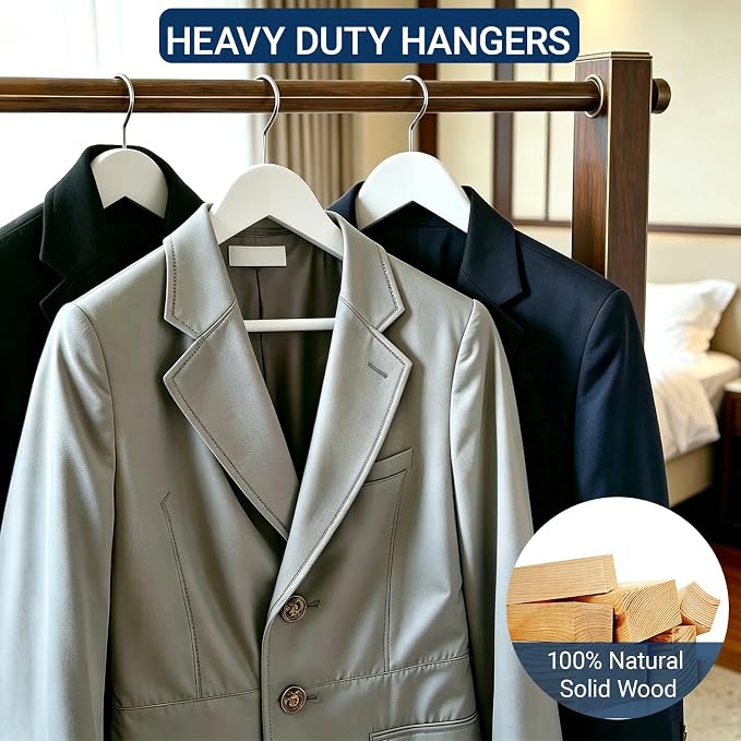 Amber Home 20 Pack White Wooden Coat Hangers, White Wood Suit Hangers with Non-Slip Pant Bar, Clothes Hangers for Closet Organization, Shirts, Jackets, Dresses, and Pants (White, 20)