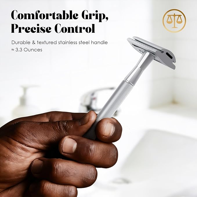 Double Edge Safety Razors for Men, Reusable Single Blade Razor | Stainless Steel Shaving Razor Kit, Includes 10 Blades & 1 Stand, Smooth Close Shave, Classic Grooming Tool, Gifts for Men