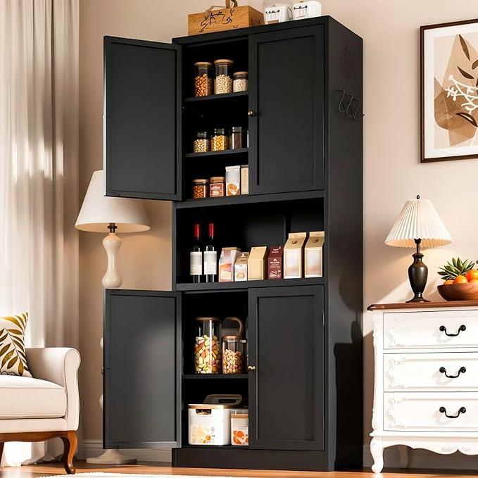 AQY Metal Pantry Cabinet, 72" Black Kitchen Storage Cabinet with Doors | Microwave Stand 3 Adjustable Shelves Freestanding Storage Metal Cabinet Kitchen Organization