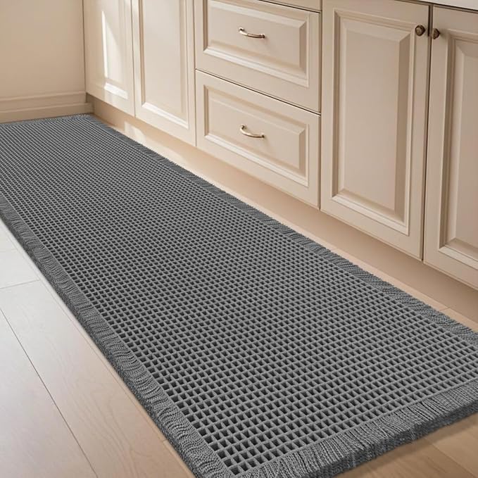 Extra Large Waffle Bath Mat Grey 6'x2'(72" x 24"), Boho Woven Modern Bath Mat Rugs, Absorbent Non Slip Bathroom Rugs, Soft Washable Bath Rugs with Tassels for Bathroom, Bedroom, Kitchen, Shower, Tub