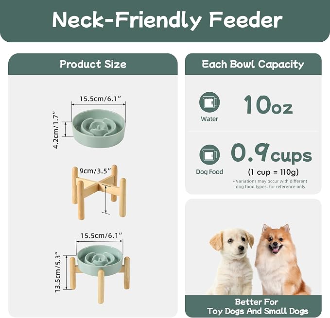 Havniva Elevated Slow Feeder Dog Bowls, Ceramic Dog Bowl Slow Feeder | 0.9 Cups Raised Slow Feeding Bowl for Small Breed, Puzzle Dog Food Bowl with Wooden Stand, Non-Slip, Anti-Choking