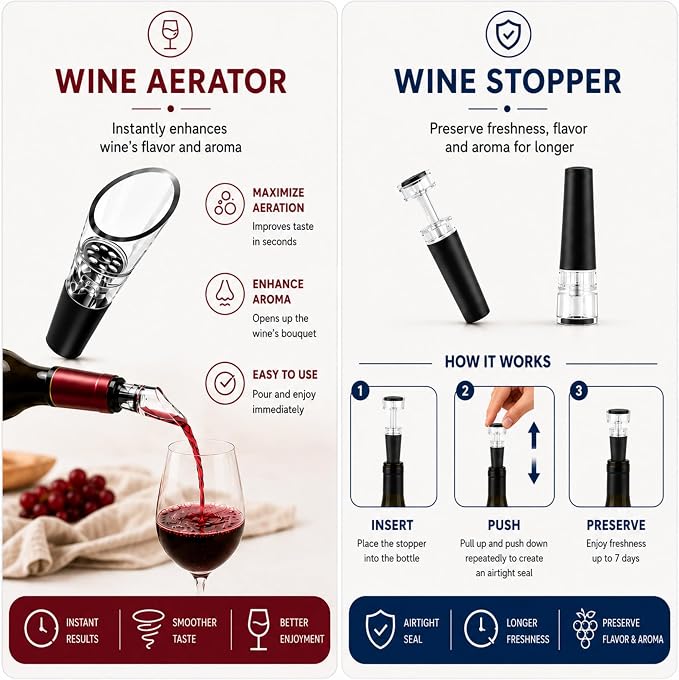 Electric Wine Opener with Wine Accessories -Rechargeable Wine Bottle Opener Set with Base, Wine Aerator, Foil Cutter and Wine Stoppers- Perfect Wine Gifts for Wine Lovers