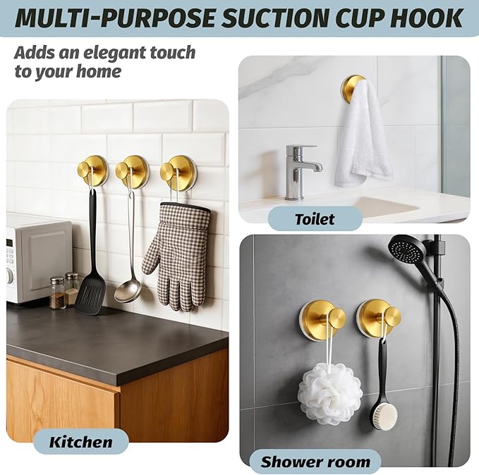 Suction Cup Hooks No Drill Stainless Steel Shower Hooks Towel Hook Heavy Duty on Smooth and Non-Porous Surfaces in Bathrooms Kitchen Bedroom (4, Brushed Gold)