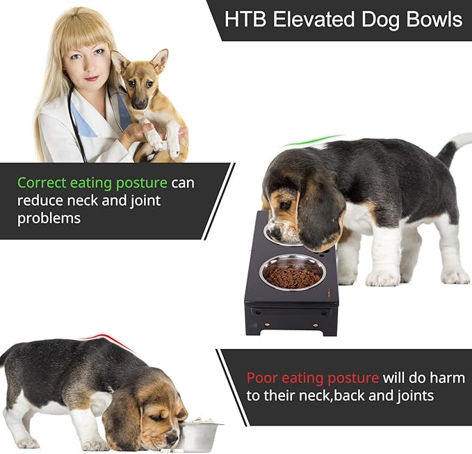 HTB Elevated Dog Bowl Stand with 2 Stainless Steel Bowls-4" H Small Black | Raised Dog Bowl Stand, 4"tall, 21 Oz Bowls, for Small Sized Dogs, Pet-safe, Solid Bamboo