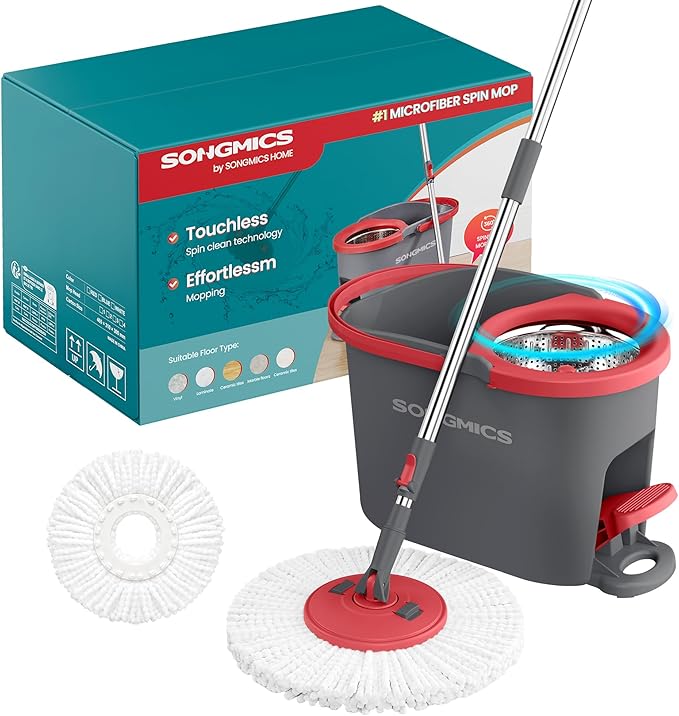 SONGMICS Spin Mop and Bucket Set with Pedal Wringer, Floor Cleaning Mop, Adjustable Telescopic Handle, Max. 59.1-Inch Length, 360° Rotating Head, 1 Microfiber Pad, Gray and Red ULMB002GT01