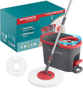 SONGMICS Spin Mop and Bucket Set with Pedal Wringer, Floor Cleaning Mop, Adjustable Telescopic Handle, Max. 59.1-Inch Length, 360° Rotating Head, 1 Microfiber Pad, Gray and Red ULMB002GT01