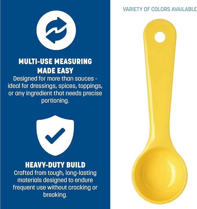 Carlisle FoodService Products 1 Ounce Solid Measuring Spoon – Flat Bottom – Portion Control Tool – Short Handle 6.5 ", Yellow, (Pack of 12)