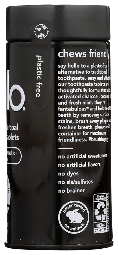 Hello Activated Charcoal Teeth Whitening Eco Friendly Travel Toothpaste Tablets, Fresh Mint and Coconut Oil, Fluoride Free, TSA Compliant, Vegan, SLS Free, Plastic-Free, 60 Tablets