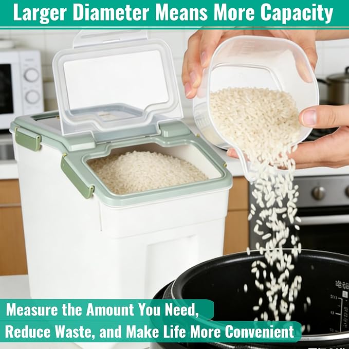 2 Pack Rice Container 25 lbs Large Bulk Flour Sugar Storage Holdhouse Plastic Grain Cereal Dry Goods Bin with Spoon and Measuring Cup for Kitchen Pantry Organization - Green