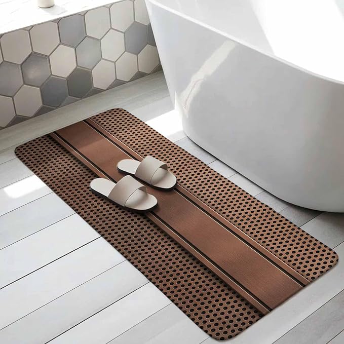 Brown Metal Hole Bathroom Runner Rugs Non Slip Washable Absorbent Narrow Long Bath Mat Copper Net Eye Hole Pattern Runner Rugs for Kitchen Hallway Bedroom Laundry Study Room 15.7"x47.2"