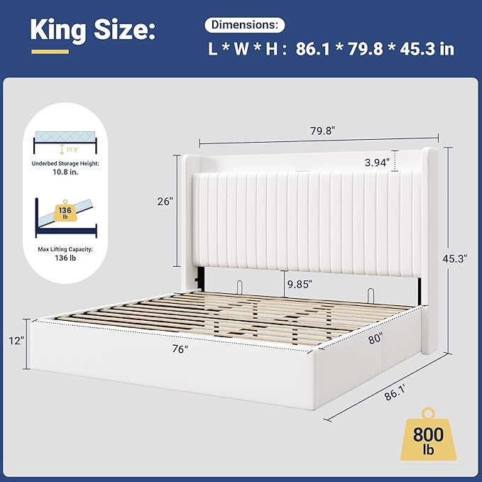 Allewie King Lift Up Storage Hydraulic Bed Frame,Charging Station,White | Storage Shelf Headboard with Charging Station,Type-C,USB Ports,Hydraulic Support,Velvet Upholstered,No Box Spring Needed