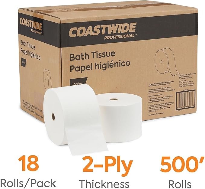 Coastwide Professional J-Series Small Core Toilet Paper, 2-ply, White, 1500 Sheets/Roll, 18 Rolls/Carton