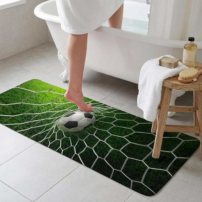 Soccer Bathroom Runner Rugs Non Slip Washable Absorbent Narrow Long Bath Mat Goal Net Competitive Green Grass Athletic Runner Rugs for Kitchen Hallway Bedroom Laundry Study Room 31.5"x78.7"