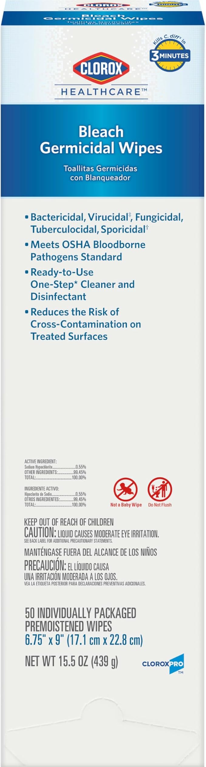 CloroxPro Healthcare Bleach Germicidal Wipes, Healthcare Cleaning and Industrial Cleaning, Clorox Wipes, 50 Count Individually Wrapped Wipes - 31424