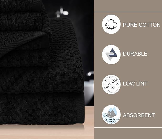 COTTON CRAFT Euro Spa Waffle Weave 6 Piece Towel Set - 100% Cotton - Black | 2 Oversized Luxurious Large Bath Towels, 2 Hand Towels, 2 Washcloths - Soft Plush Super Absorbent Low Lint Quick Dry