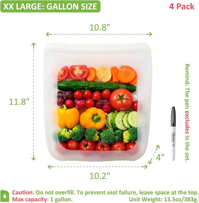 100% Silicone Gallon Storage Bags, Extra Large Reusable 1 Gallon Silicone Storage Bags Stand-Up Zip-Lock Leakproof for Bulk Food & Large Portions, Freezer Microwave Sous Vide Dishwasher Safe, 4 Pack