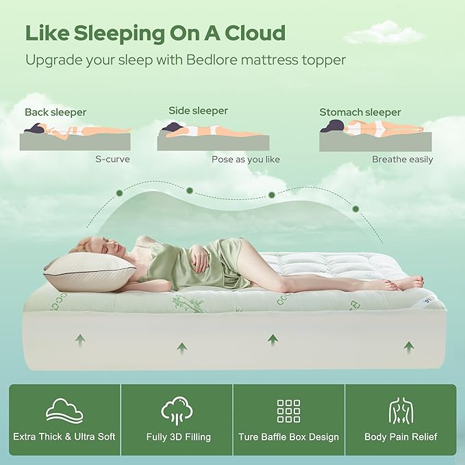 BEDLORE King Mattress Topper Viscose Derived from Bamboo, Thick Pillow Top Mattress Pad with Stretchable Pockets for 6"-18" Mattress, Soft Breathable Mattress Topper for Back Pain Relief