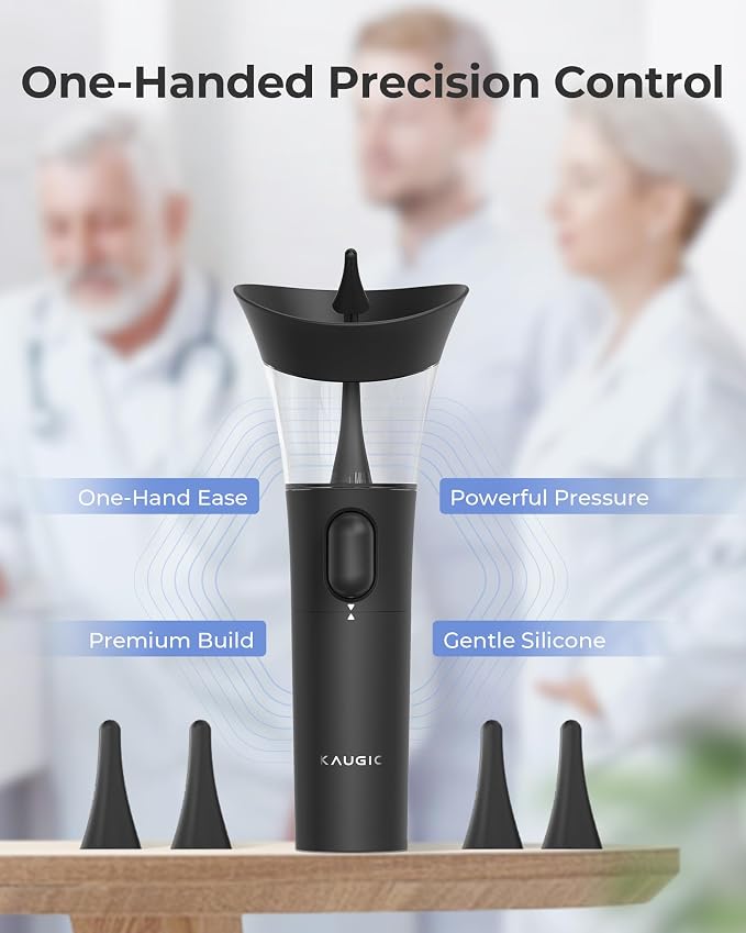 KAUGIC Manual Ear Wax Cleaner – Safe, Comfortable & Easy to Use Seamless One-Hand Operation, Black | Gentle Ear Irrigation Tool, Effortless Hand-Controlled Flow, Soft Silicone Tips, Comfortable Ergonomic Grip, FSA - HSA