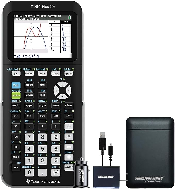 Texas Instruments TI-84 Plus CE Graphing Calculator, Black | Color Screen, Built-in Apps, Included Software, Test-Permitted, for Math, Science and Finance | Signature Series Power Bundle