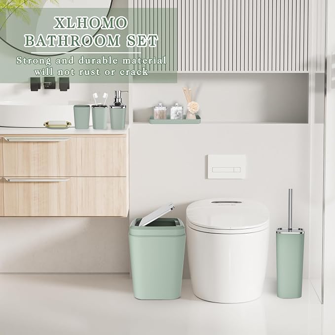 XLHOMO Bathroom Set, Bathroom Accessory Set, Sage Green Bathroom Accessories Set with Press-on Lid Bathroom Trash Can, Soap Dispenser, 9PC Bathroom Accessory Set for Home