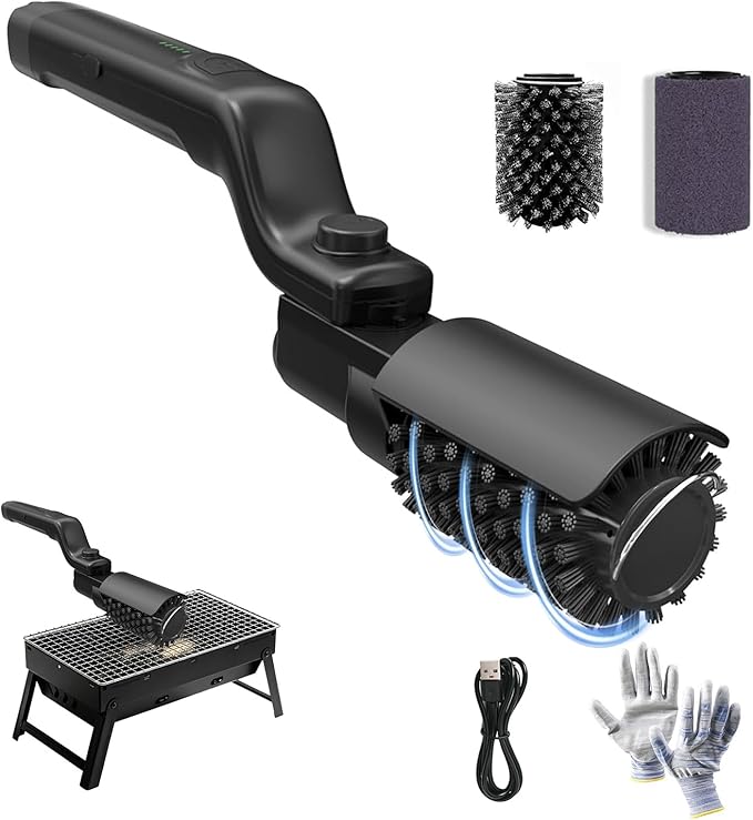 Electric Grill Brush, High Torque Grill Brush with Rechargeable 3-Speed Modes, 180° Adjustable Stainless Steel Replaceable Brush Head, Fit for Outdoor Camping and Barbecuing