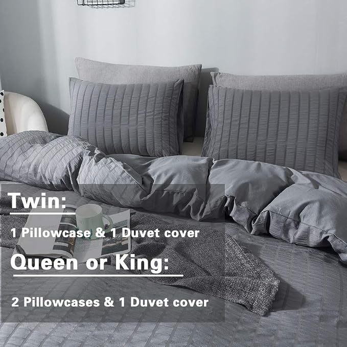 AveLom Dark Gray Seersucker Duvet Cover Set Twin Size (68 x 90 inches), 2 Pieces (1 Duvet Cover, 1 Pillow Cases), Soft Washed Microfiber Textured Duvet Cover with Zipper Closure, Corner Ties