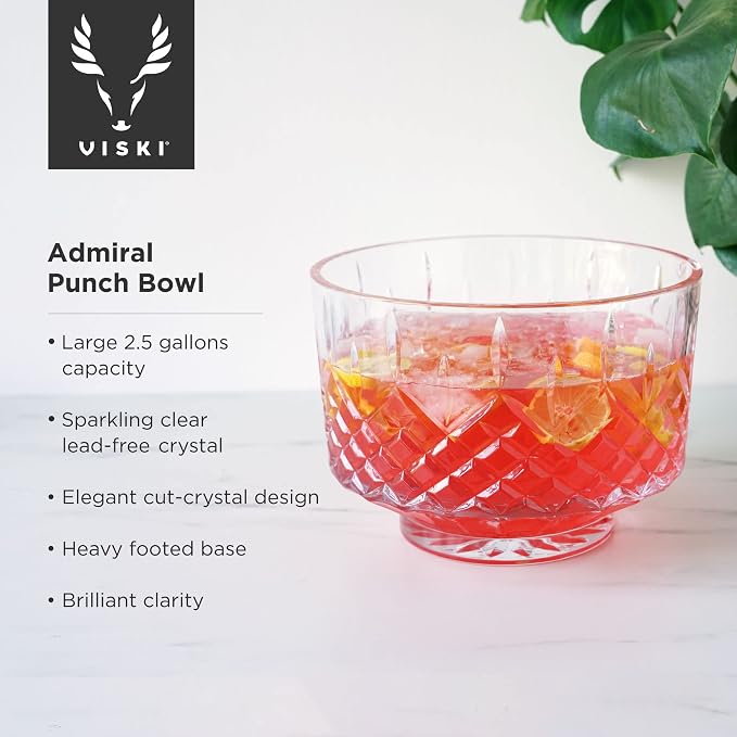 Viski Admiral Punch Bowl Set with 8 Tumblers, Cut Crystal Cocktail Party Serveware, Dishwasher Safe, 2.5 Gallons, 9 Oz Glasses, Set of 9