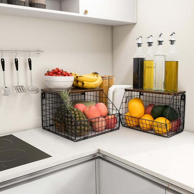 Mefirt Fruit Basket, Stackable Wall Mounted Fruit Baskets, Potato Baskets Onion Storage for Kitchen, Hanging Wire Basket with Wood Lid, 2-Tier Vegetable Organizer Kitchen Countertop Organization