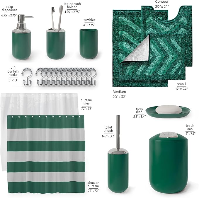 Clara Clark Bathroom Accessories Set - 23PC Shower Curtain Set with Bathroom Trash Can, Green Bathroom Set, Bathroom Sets with Shower Curtain and Green Rugs