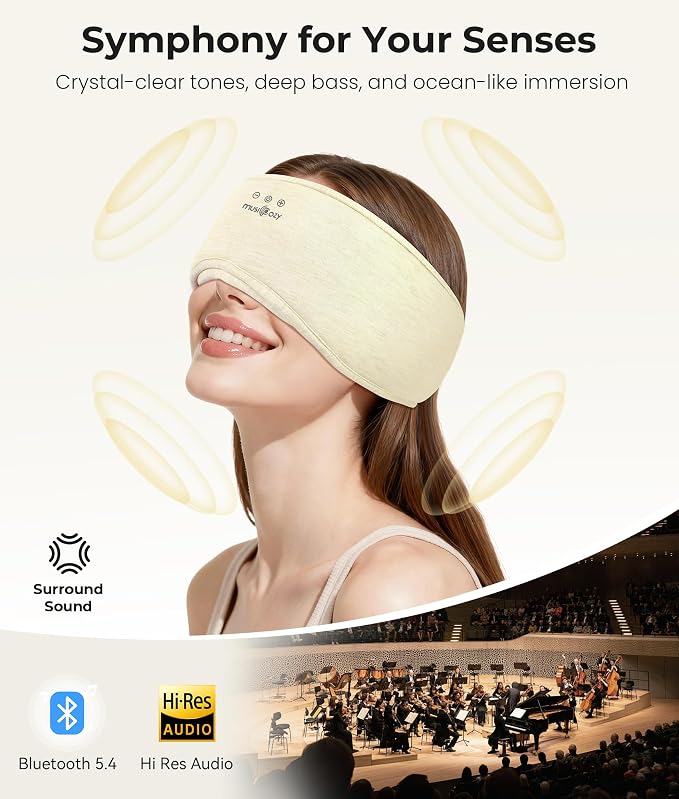 MUSICOZY Bluetooth 5.4 Sleep Headphones Eye Mask with Seaweed Fiber Cotton, Ultra Soft Fully Wrapped Sleep Mask with Headphones for Side Sleepers, 14 Hours Playtime, Gifts for Men Women, Beige