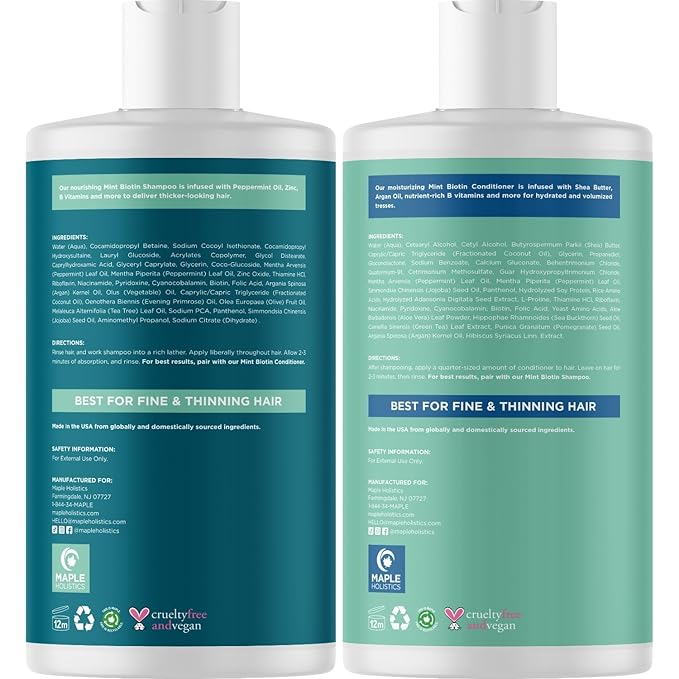Volumizing Biotin Shampoo and Conditioner Set - Peppermint Shampoo and Conditioner for Thinning Hair Care with Argan Coconut & Olive Oil - Color Safe - Paraben Silicone & Sulfate Free (16 Fl Oz Each)