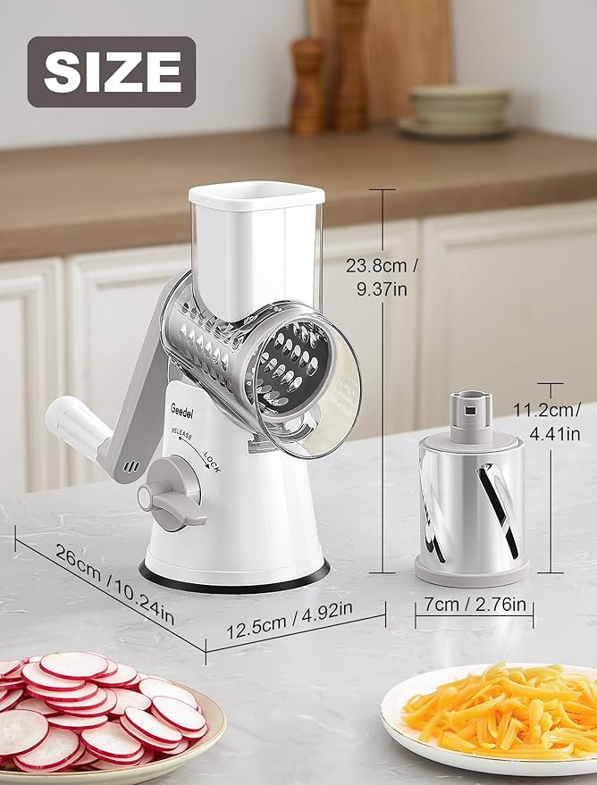 Geedel Rotary Cheese Grater Vegetable Shredder With 6 Interchangeable Blades No Slip Suction Base, Mandoline Slicer & Food Chopper for Cheese, Ice, Nuts, Vegetables, Veggie
