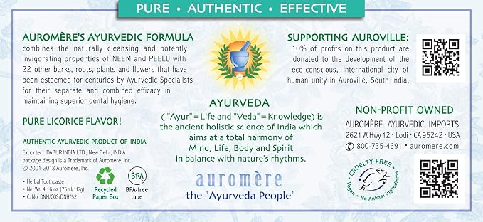 Auromere Ayurvedic Herbal Toothpaste, Mint Free - Vegan, Natural, Non GMO, Fluoride Free, Gluten Free, with Neem & Peelu (4.16 oz), 6 Pack
