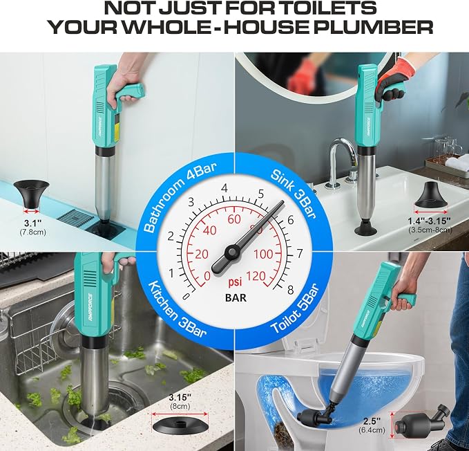 ‌Electric Toilet Plunger for Bathroom, High-Pressure Air Plunger, Heavy-Duty Clog Remover for Toilets, Toilet Drain Unclogger (Mint Green)