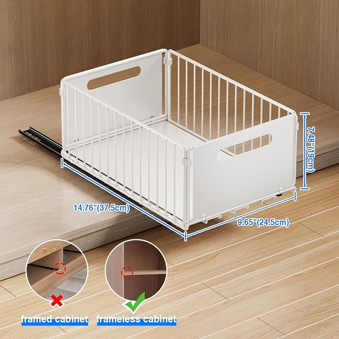 Mustorn 2 Pack Pull Out Cabinet Organizer, Slide Out Drawers for Cabinets, Peel and Stick, Heavy Duty Shelves for Kitchen, Cupboard, Pantry, Bathroom (14.76" D*9.65" W*7.87" H-White)