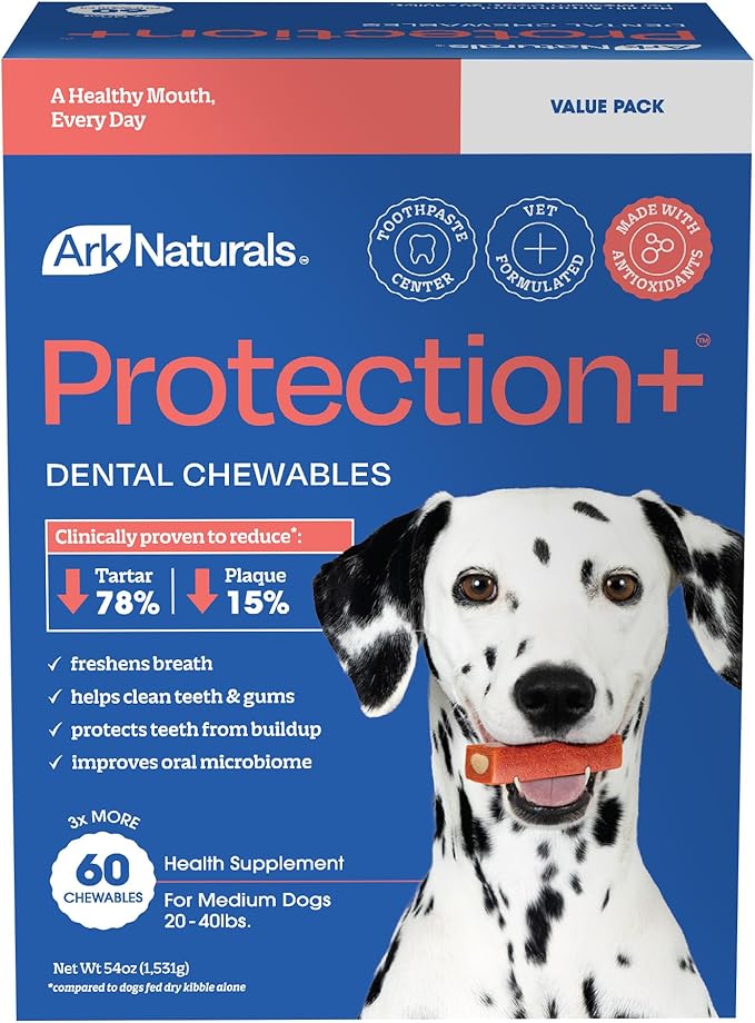 Ark Naturals Protection+ Brushless Toothpaste Chews - Medium Breeds (60 ct) | Vet Formulated Dog Dental Chew with Toothpaste Center - Freshens Breath and Prevents Plaque & Tartar