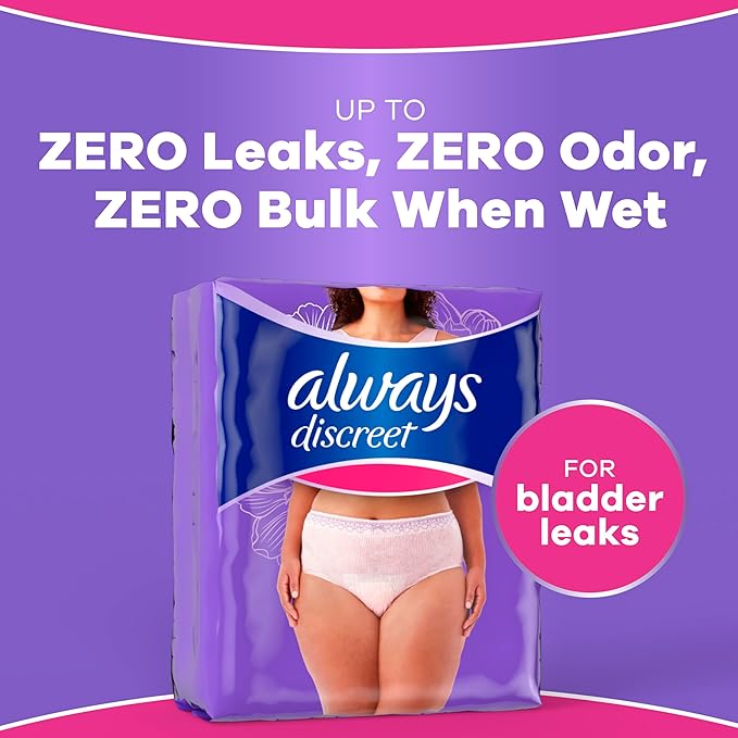 Always Discreet Adult Diapers for Women, Incontinence Underwear, Postpartum Essentials, Disposable Briefs, Max Absorbency, Bladder Leak Protection, Small/Medium, 19ct