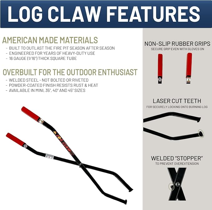 Log Claw 40 Inch | Heavy Duty Fire Tongs Firewood Grabber for Fire Pit Campfire Bonfire | Fireplace Tongs Log Grabber Claw for Indoor Outdoor Fireplace